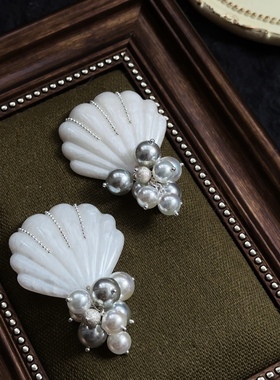 25SUMMER原创 流萤 清冷复古海洋风白色贝壳耳环幻彩仿珍珠耳夹女