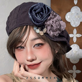 25SUMMER原创小众设计感日系复古全亚麻花朵画家帽褶皱报童帽女款