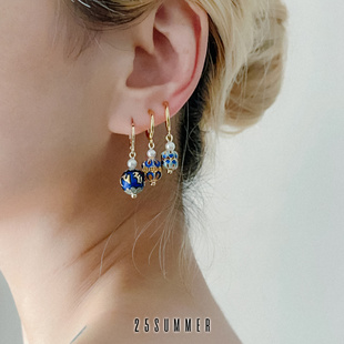 25SUMMER原创 惊蓝 铜烧景泰蓝珠珠耳环复古新中式多吊坠耳扣耳夹