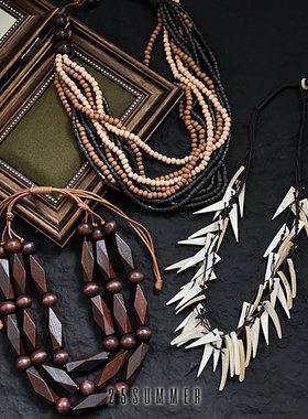 25SUMMER 复古vintage感天然木质椰壳大项链流浪风多层配饰毛衣链