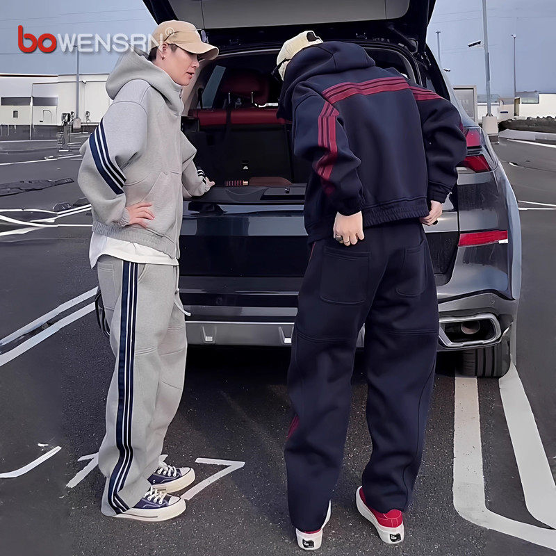 重磅三条杠休闲运动套装男士2025新款秋冬装连帽开衫外套男款卫衣