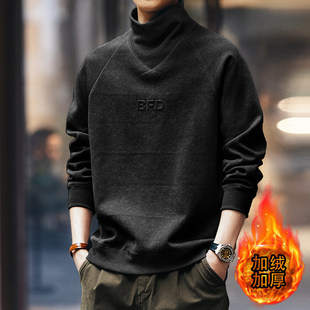 HS冬季加绒高端美式复古半高领卫衣男士宽松潮流百搭打底衫上衣男