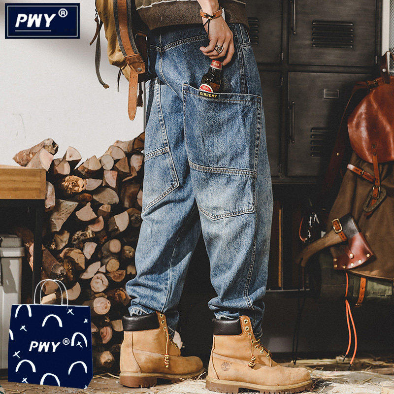 潮牌纯棉牛仔裤男士春秋季2025新款宽松大码工装裤高街直筒阔腿裤