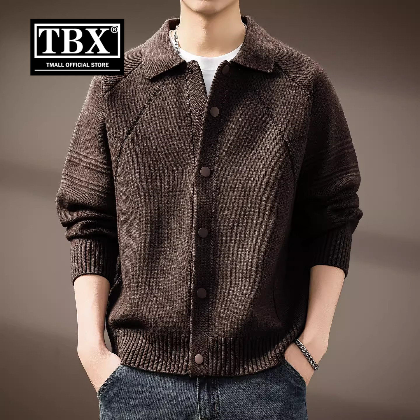 老钱风翻领开衫毛衣男士2026新款春秋冬季宽松针织衫外套男款春装