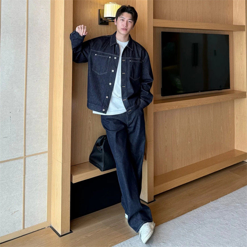 潮牌翻领牛仔长袖外套套装男士春秋季2026新款痞帅牛仔长裤两件套