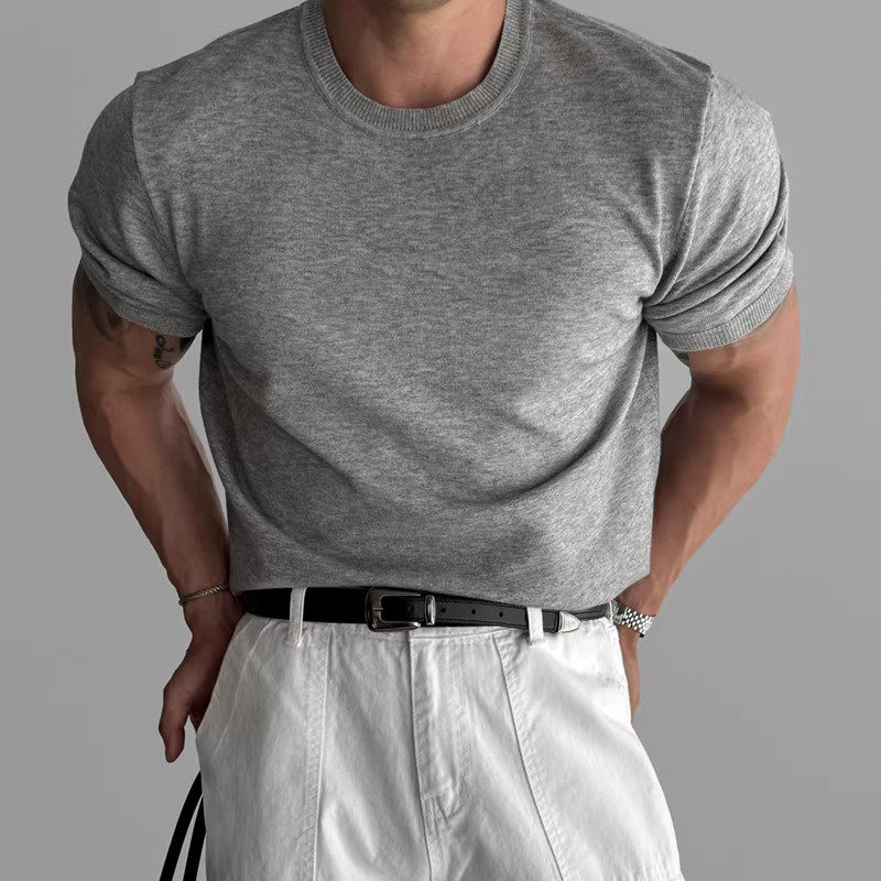 Upscale潮人 老钱风针织衫弹性正肩短袖T恤男夏季高级感休闲上衣