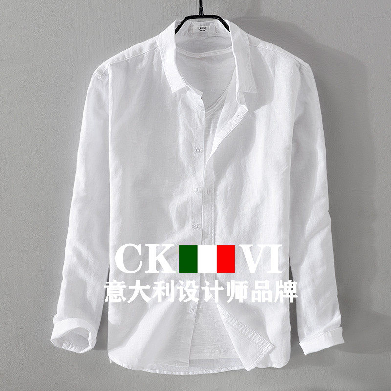 官方正品CKvi白色长袖亚麻衬衫男休闲翻领宽松日系透气棉麻料衬衣