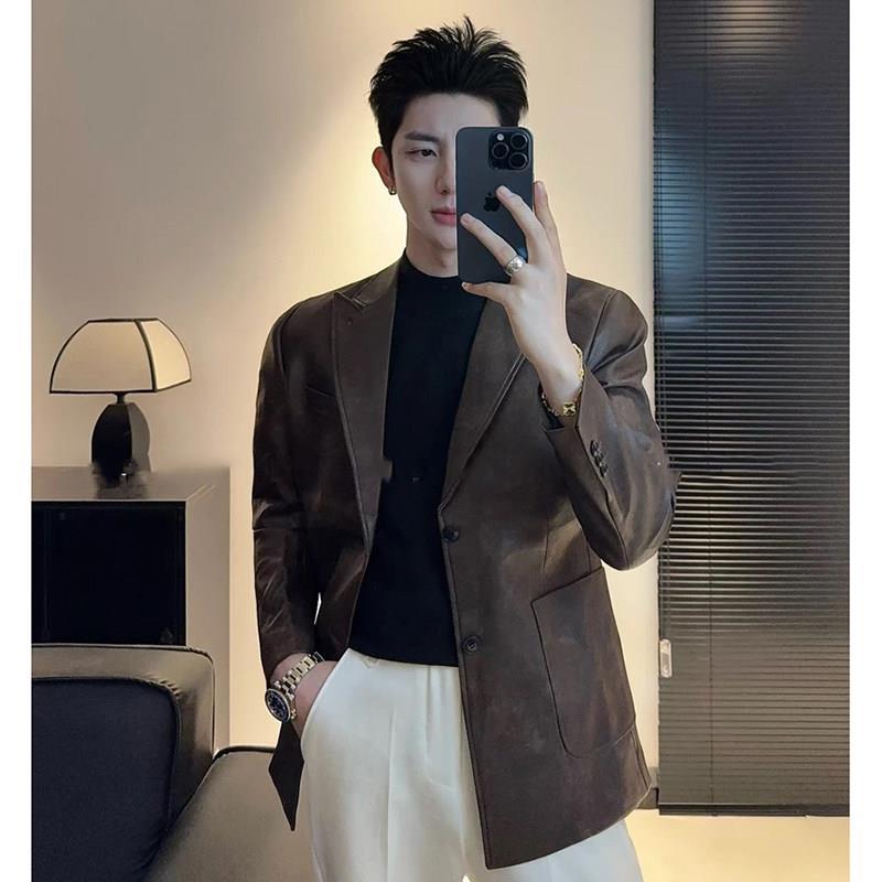 香港奢侈真皮皮衣西装男2026春季新款修身时尚休闲商务西服外套潮