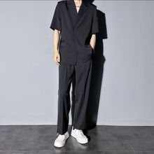 LL男装套装男夏季薄款痞帅风冰丝2024新款休闲时尚轻熟西装两件套