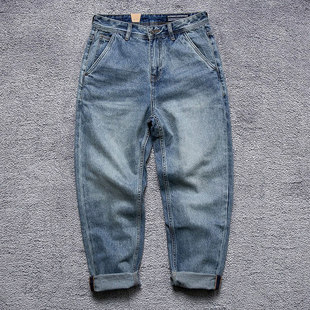 复古重磅纯棉水洗锥形萝卜宽松休闲老爹裤 男美式 ins潮牌牛仔裤