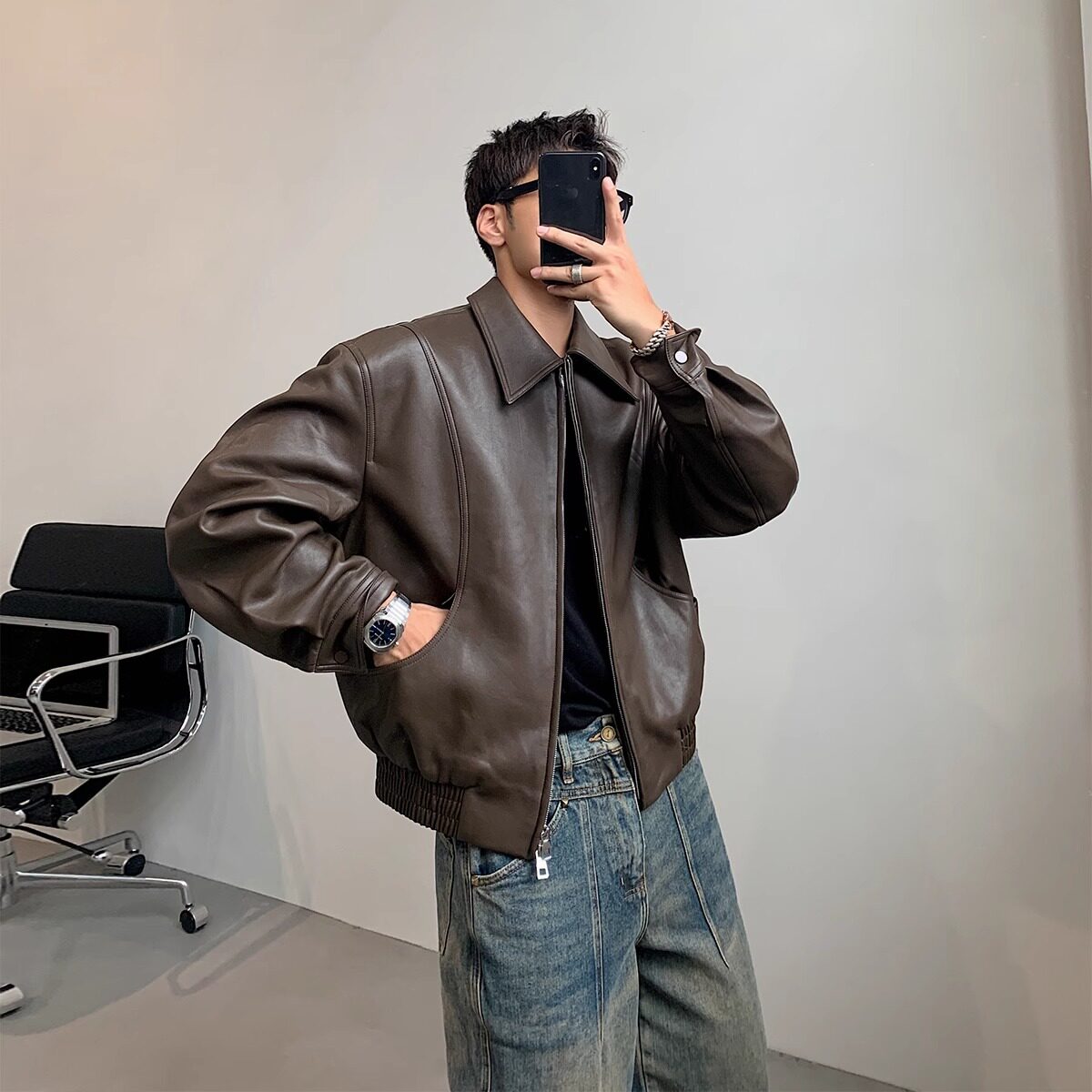 潮牌皮衣外套男冬季2026新款美式复古痞帅机车服休闲宽松真皮夹克
