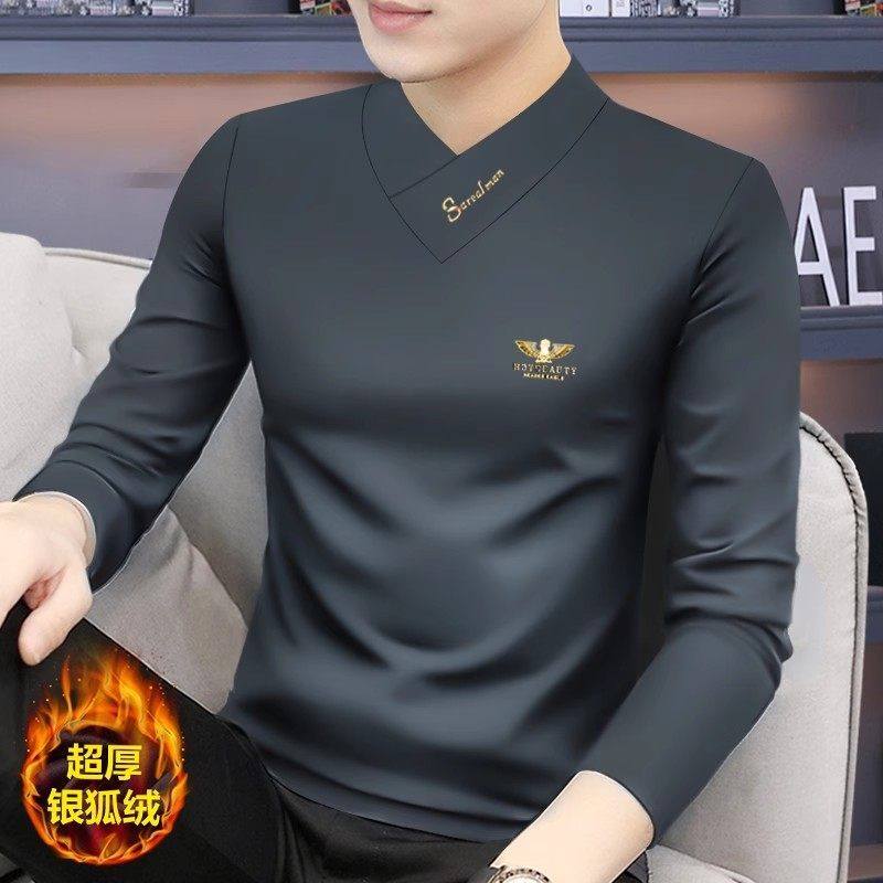 2025春秋冬季新款男士长袖t恤韩版修身V领打底衫加绒加厚保暖上衣