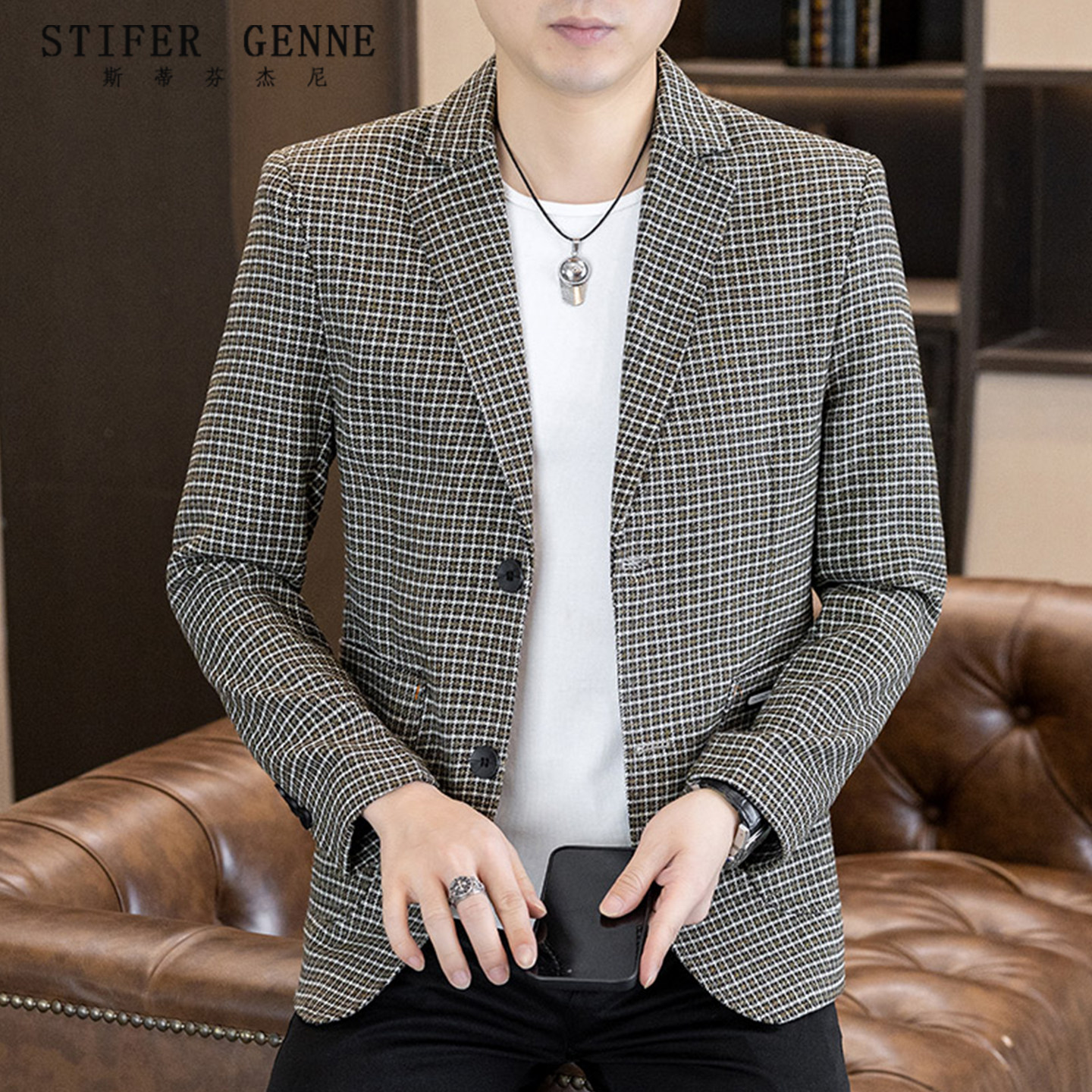 斯蒂芬高级感格子西装外套男春秋季新款潮流休闲宽松百搭男士西服