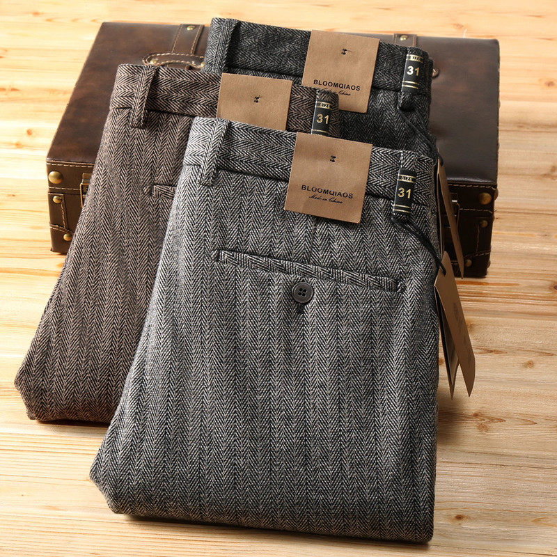 法国高端品牌人字纹毛呢休闲裤男士修身直筒磨毛保暖长裤冬季新款