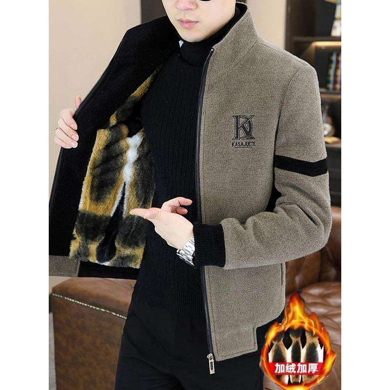 冬季加绒加厚毛呢外套男短款休闲潮流立领金貂绒保暖呢子夹克大衣