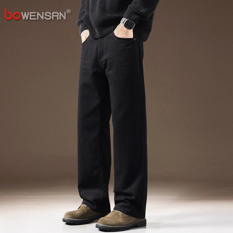 高端纯黑色男士牛仔裤2025新款冬季男裤阔腿直筒加绒加厚裤子男款