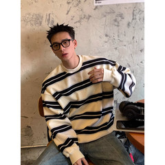 韩国Uamtor男生秋冬复古条纹圆领卫衣潮牌宽松刺绣美式套头打底衫