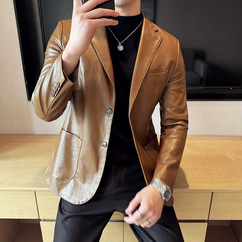 秋季皮衣男士西装外套机车服潮韩版修身英伦帅气商务休闲皮尤上衣