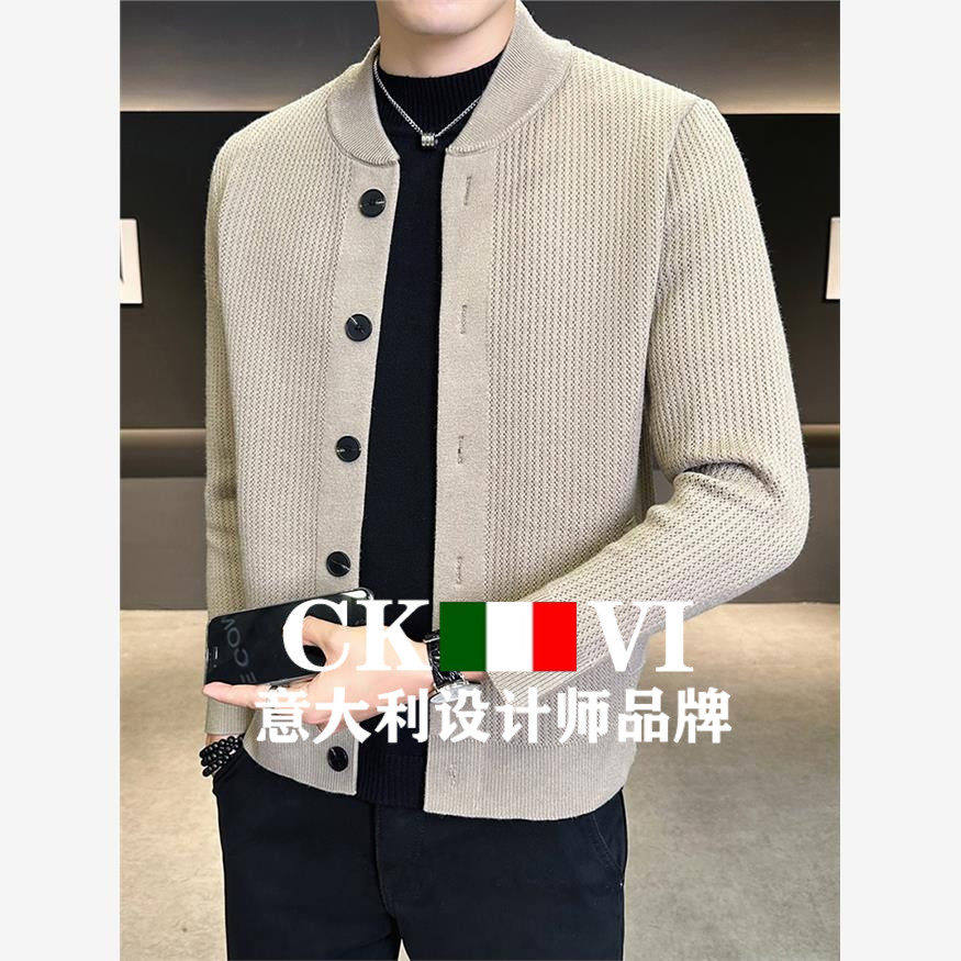 官方正品CKvi高品质圆领羊毛针织开衫男春季休闲宽松羊绒毛衣外套