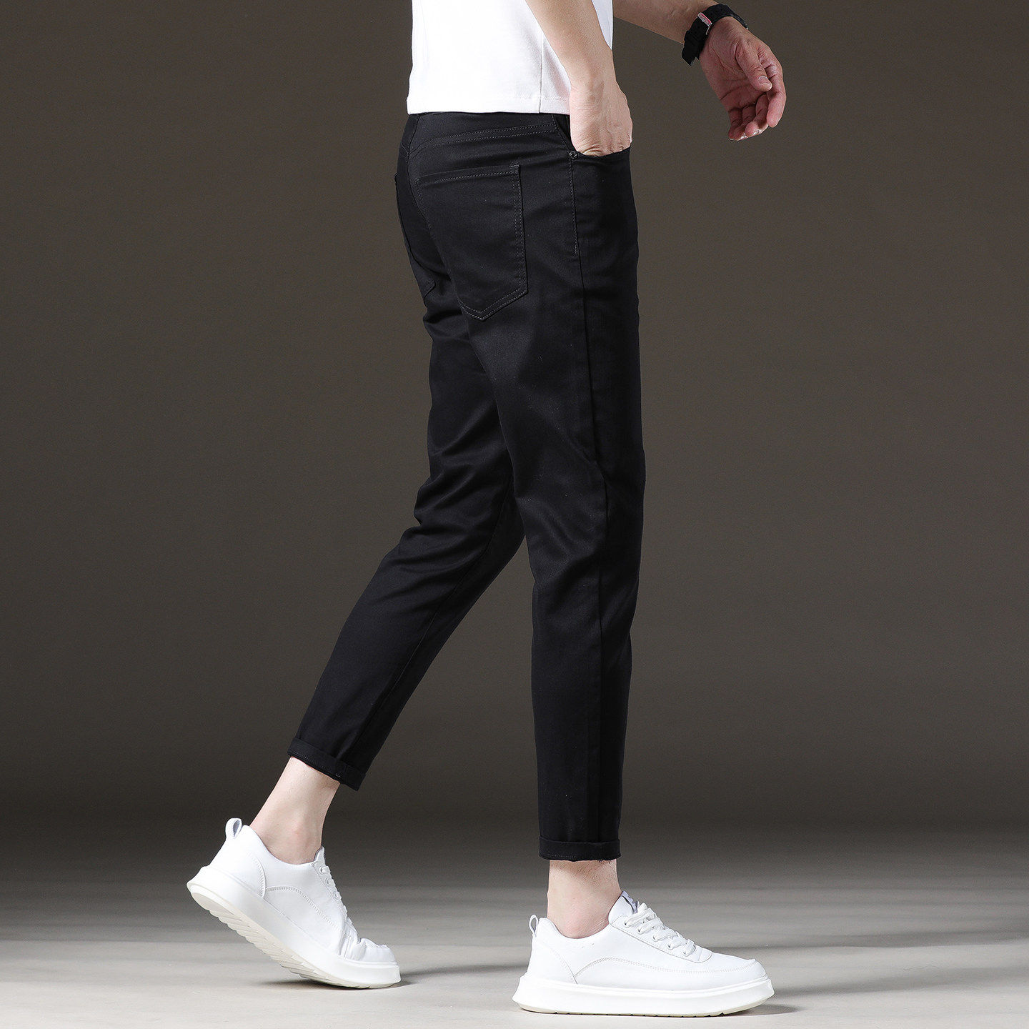 香港高端黑色九分牛仔裤男士修身小脚春秋款纯棉弹力商务百搭长裤