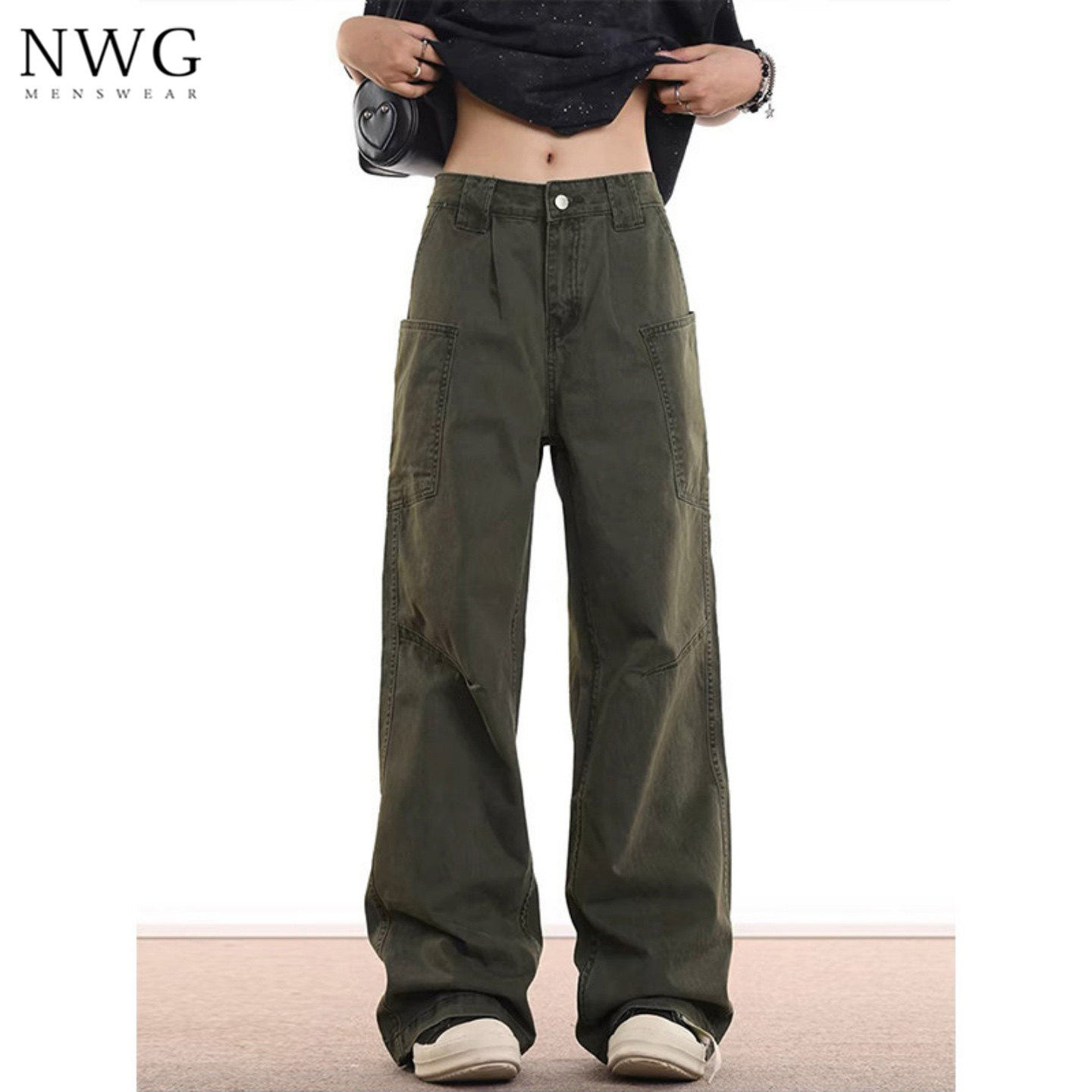 军绿色工装裤男春秋季美式复古宽松直筒多口袋弯刀裤子休闲牛仔裤