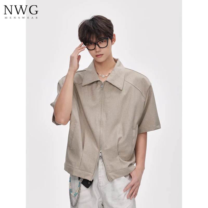 双拉链短袖衬衫男夏季新款高级感美式宽松短款垫肩衬衣男休闲夹克