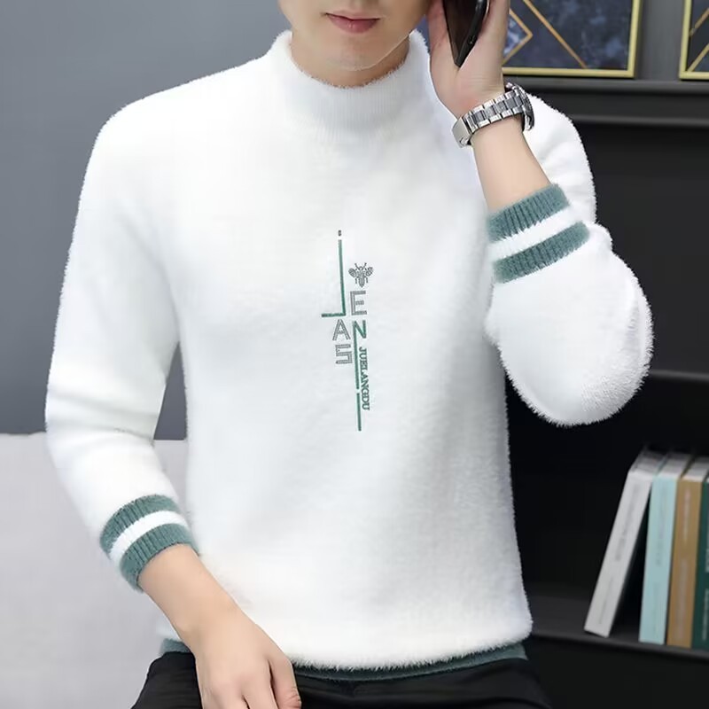 白色半高水貂绒毛衣男2026秋冬季新款潮流休闲内搭加厚针织打底衫