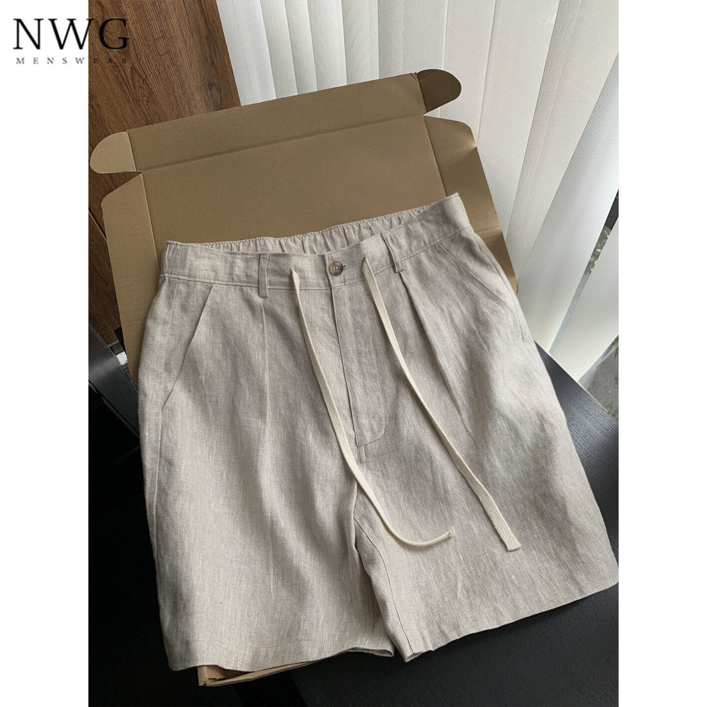 天丝亚麻短裤男夏季薄款老钱风复古宽松直筒棉麻五分裤子休闲中裤