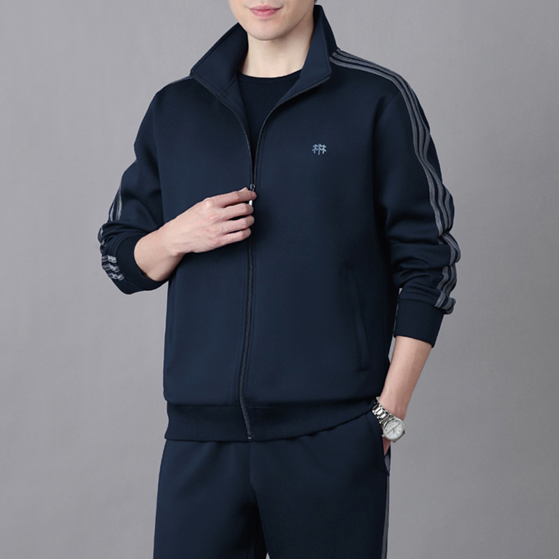 2025新款中老年人运动套装男春秋季宽松爸爸条纹卫衣休闲服一整套