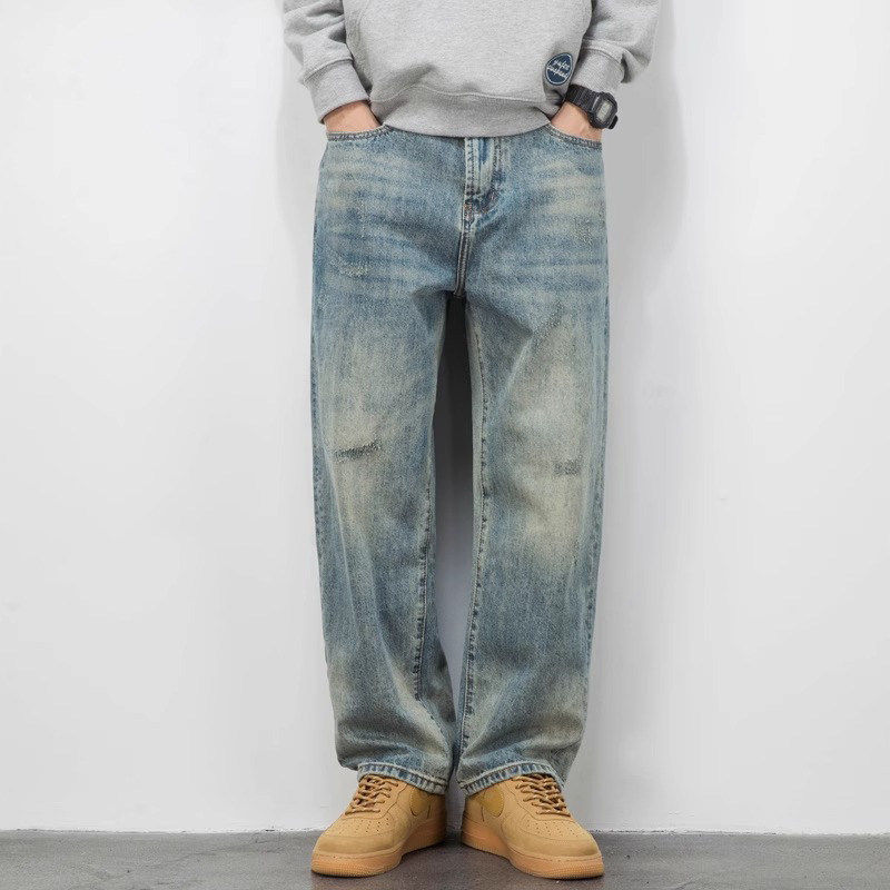 秋冬加绒牛仔裤男阔腿直筒浅色复古百搭潮流宽松大码休闲高端长裤