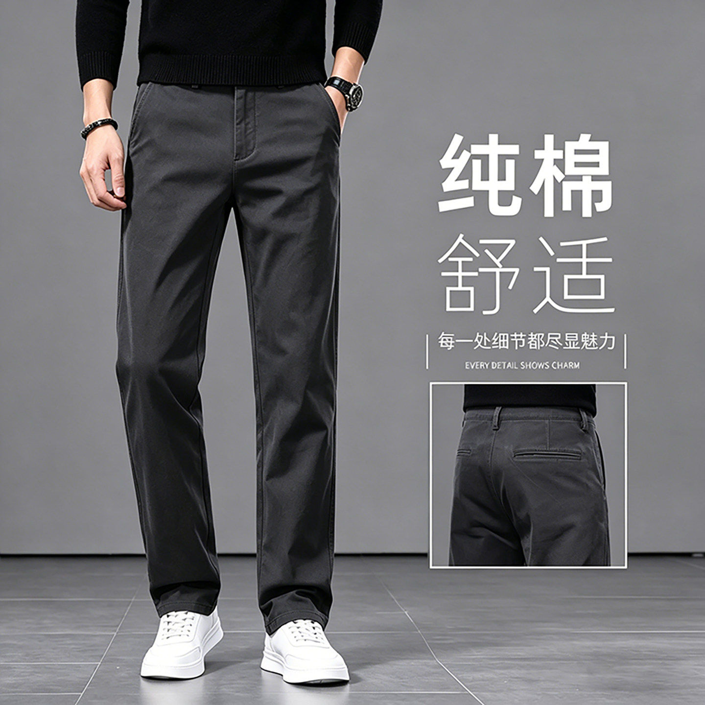 意大利高端纯棉休闲裤男士2026夏季薄款宽松直筒裤弹力商务长裤子
