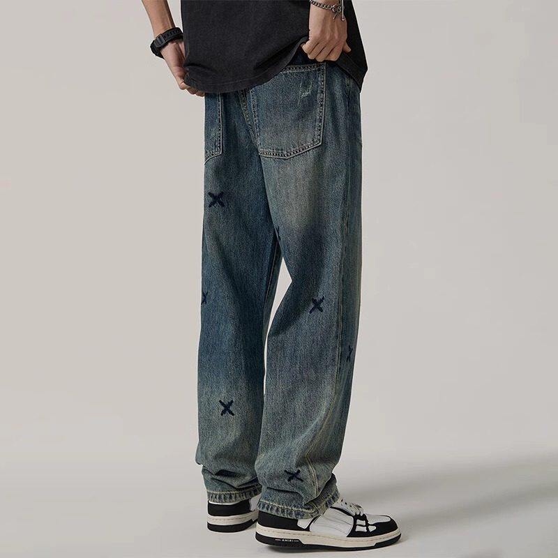 秋冬加绒美式高街刺绣牛仔裤男复古宽松裤潮牌痞帅炸街直筒长裤子