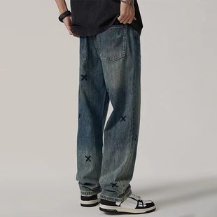 秋冬加绒美式高街刺绣牛仔裤男复古宽松裤潮牌痞帅炸街直筒长裤子