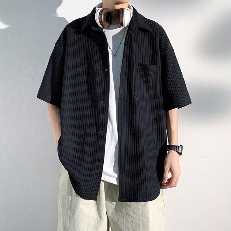 冰丝垂感短袖衬衫男潮牌夏季薄款高级感宽松大码五分袖男休闲衬衣