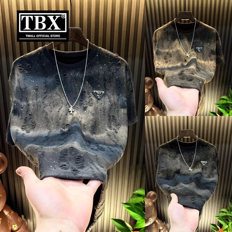 高端欧货满天星破洞短袖t恤男士2026新款春夏季潮流长袖卫衣男款