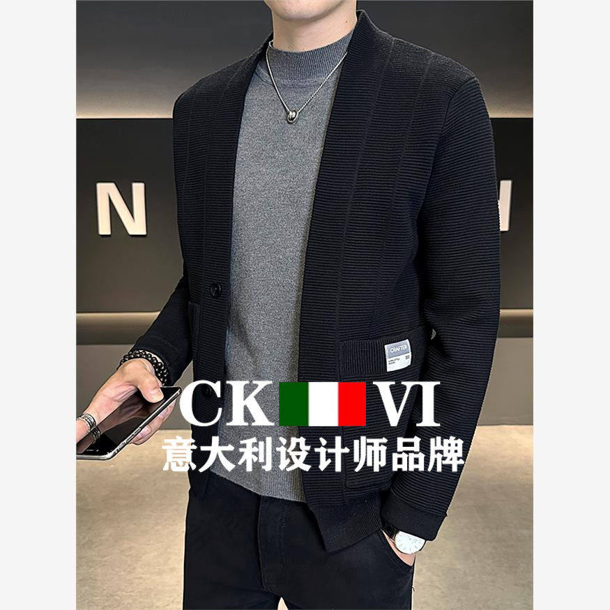 官方正品CKvi羊毛针织开衫外套男春秋款百搭短款纯色羊绒毛衣上衣
