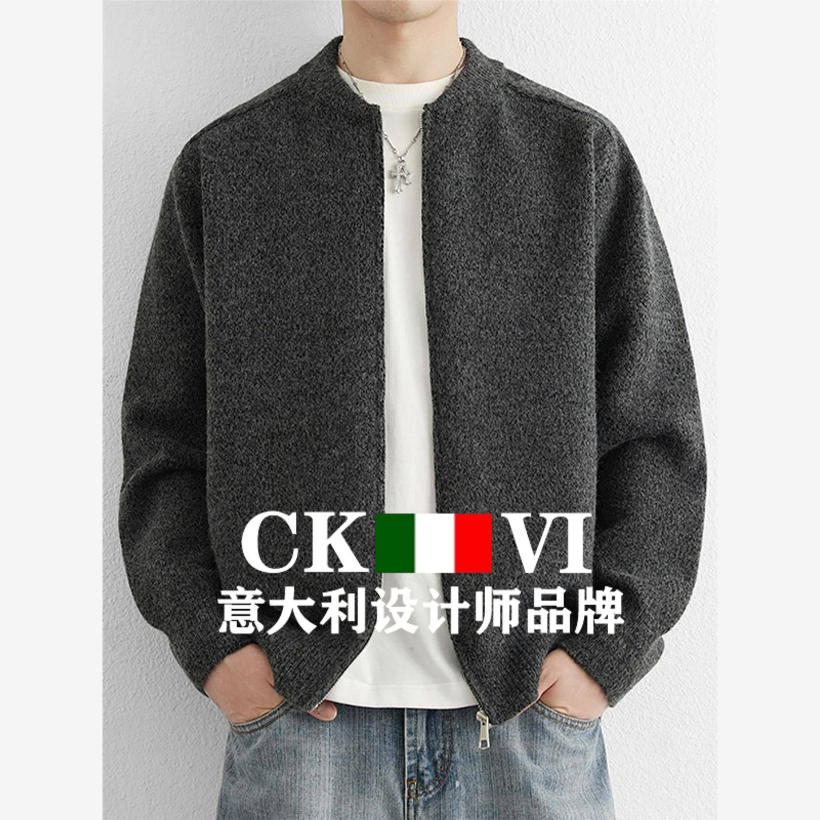 官方正品CKvi棒球领羊绒针织开衫外套男春秋季慵懒风休闲羊毛毛衣