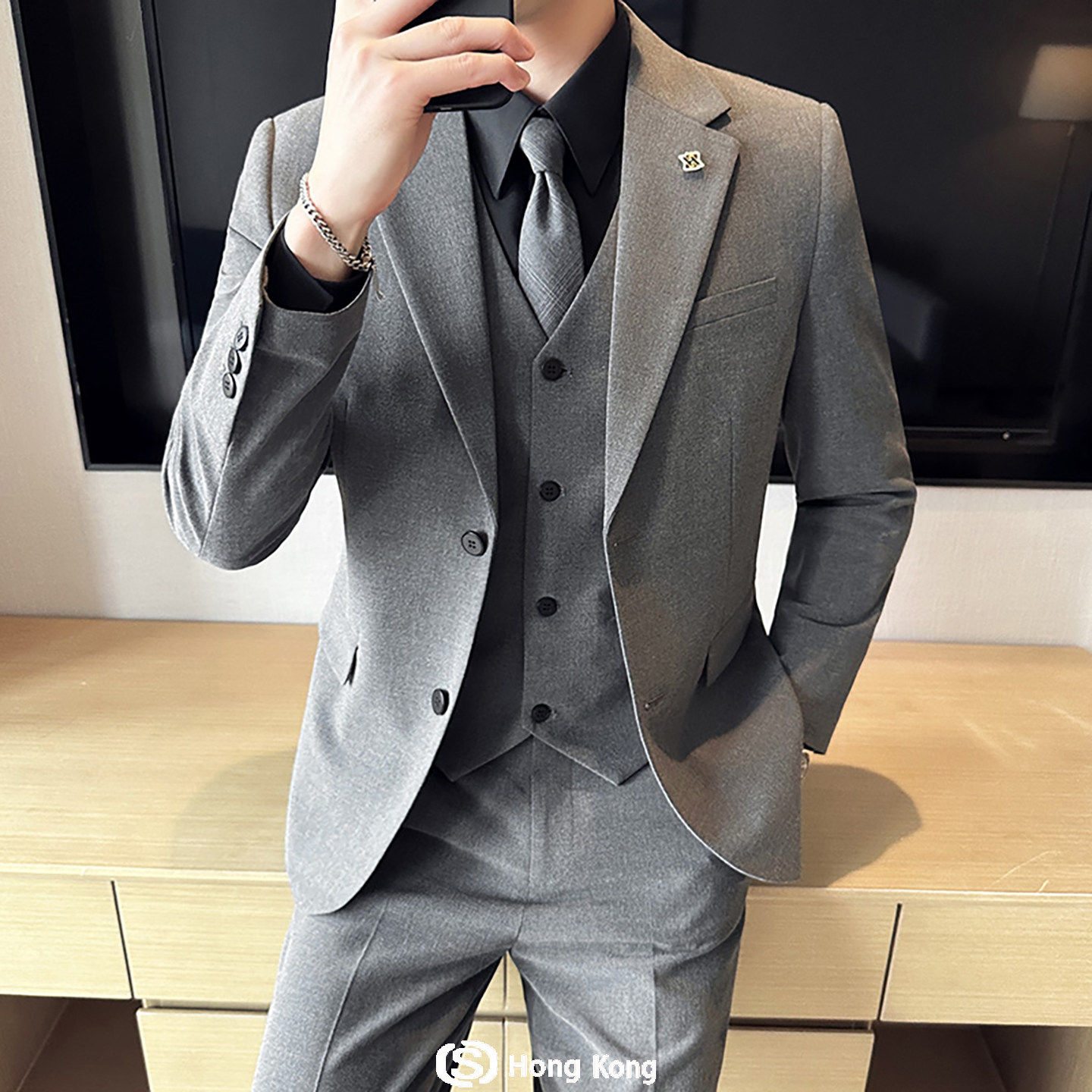 高级感双扣休闲西装男套装新郎结婚礼服男士商务正装修身西服外套
