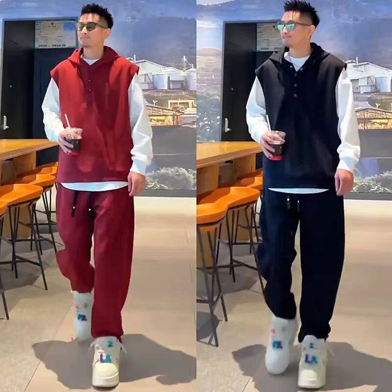 潮牌卫衣套装男秋季高级感休闲时尚宽松大码连帽马甲直筒裤两件套