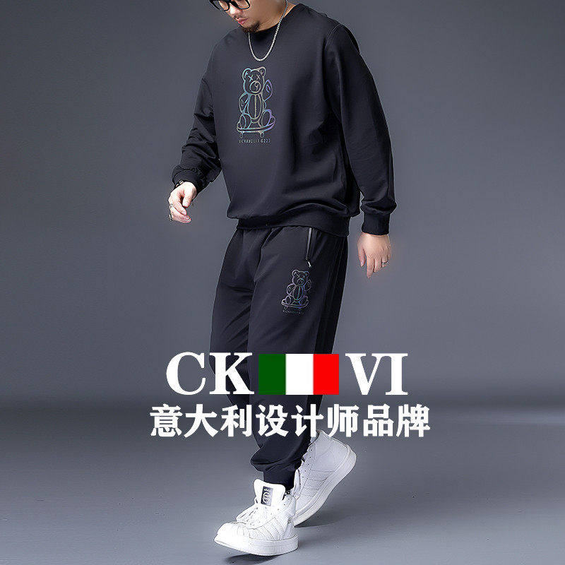 官方正品CKvi春季宽松小熊印花卫衣两件套男加肥加大休闲运动服潮