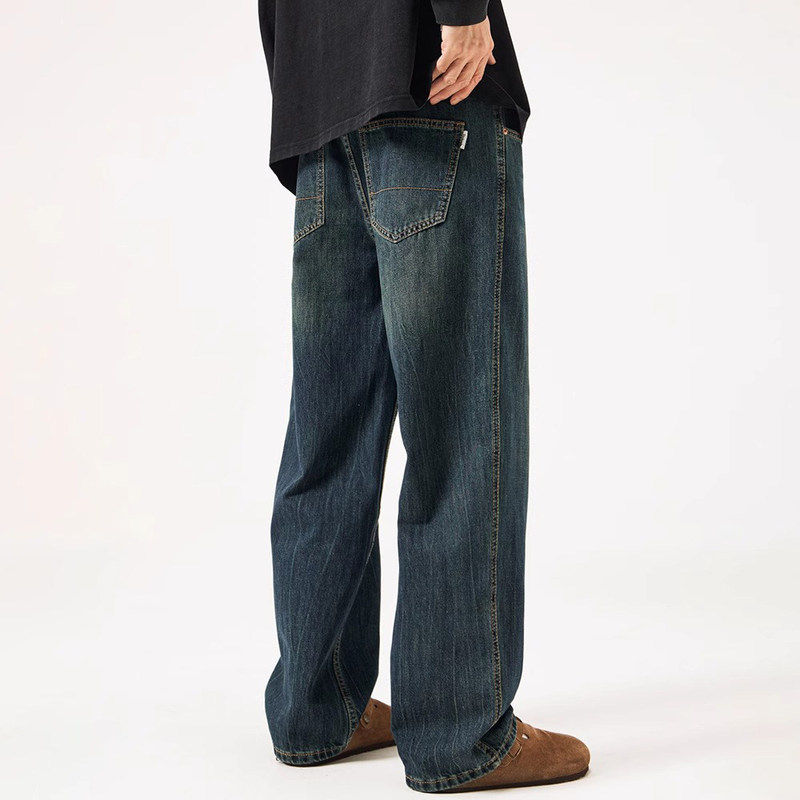 秋冬加绒复古水洗宽松直筒cleanfit牛仔裤男蓝色百搭休闲阔腿长裤