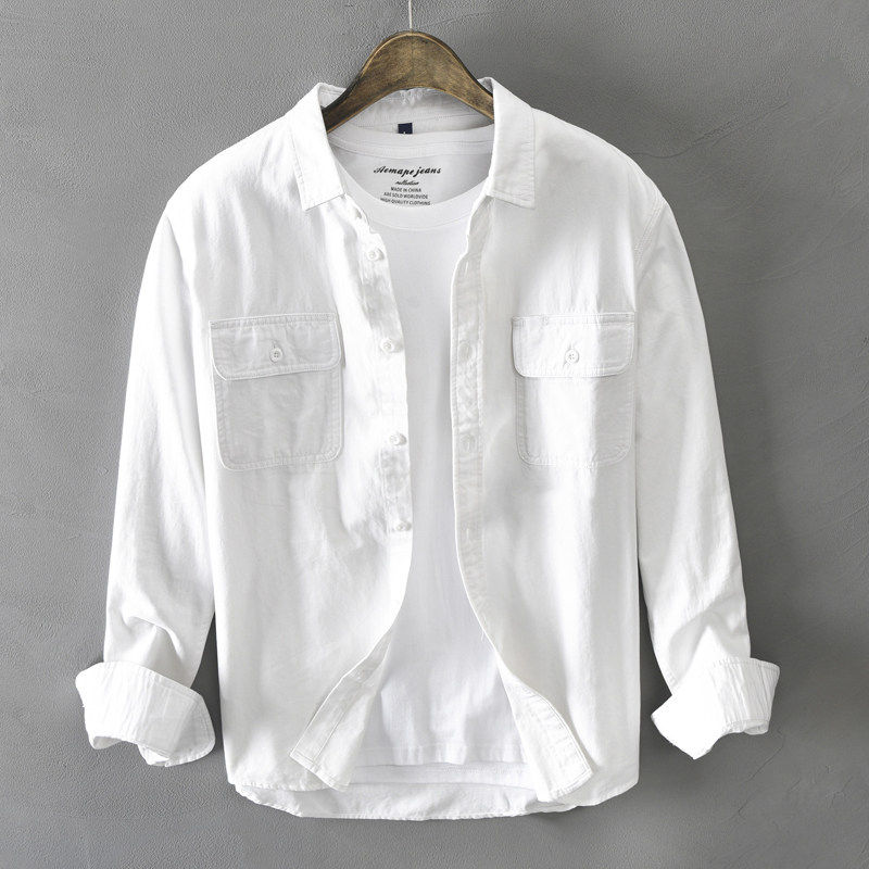 香港男士工装长袖衬衫白色纯棉衬衣外套男装春秋休闲外穿上衣服潮