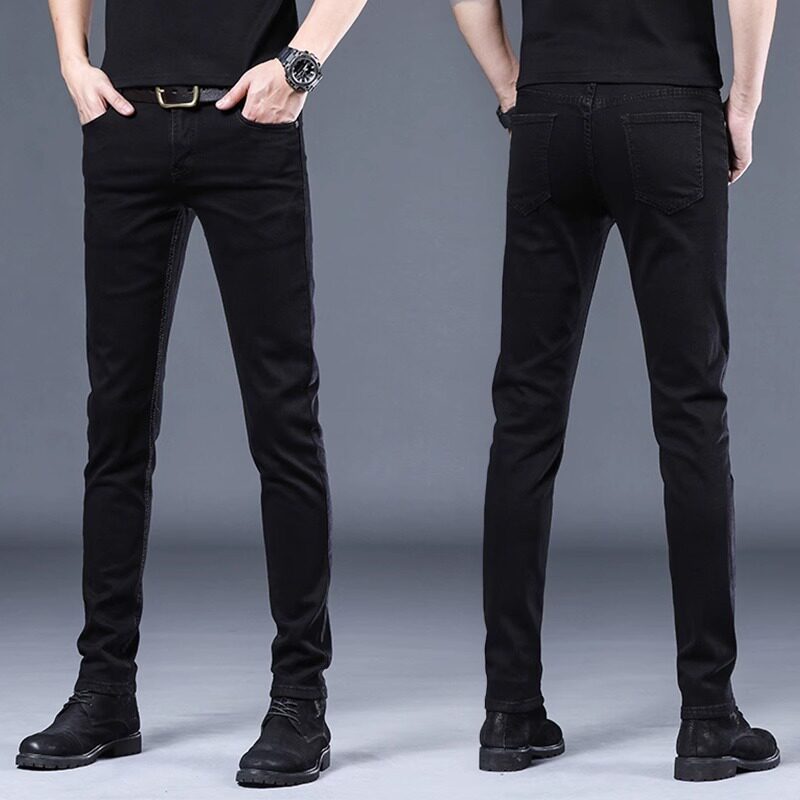 香港高端加绒不掉色黑色牛仔裤男秋冬新款修身小脚潮流休闲长裤子