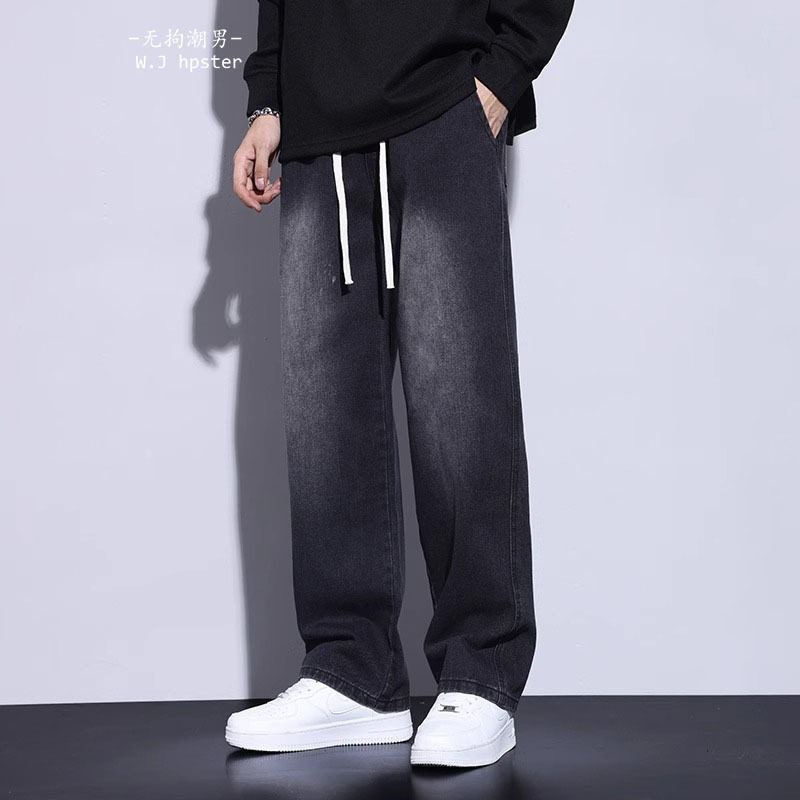 it neith BIAS潮牌美式黑色牛仔裤男春秋阔腿宽松休闲加绒直筒裤