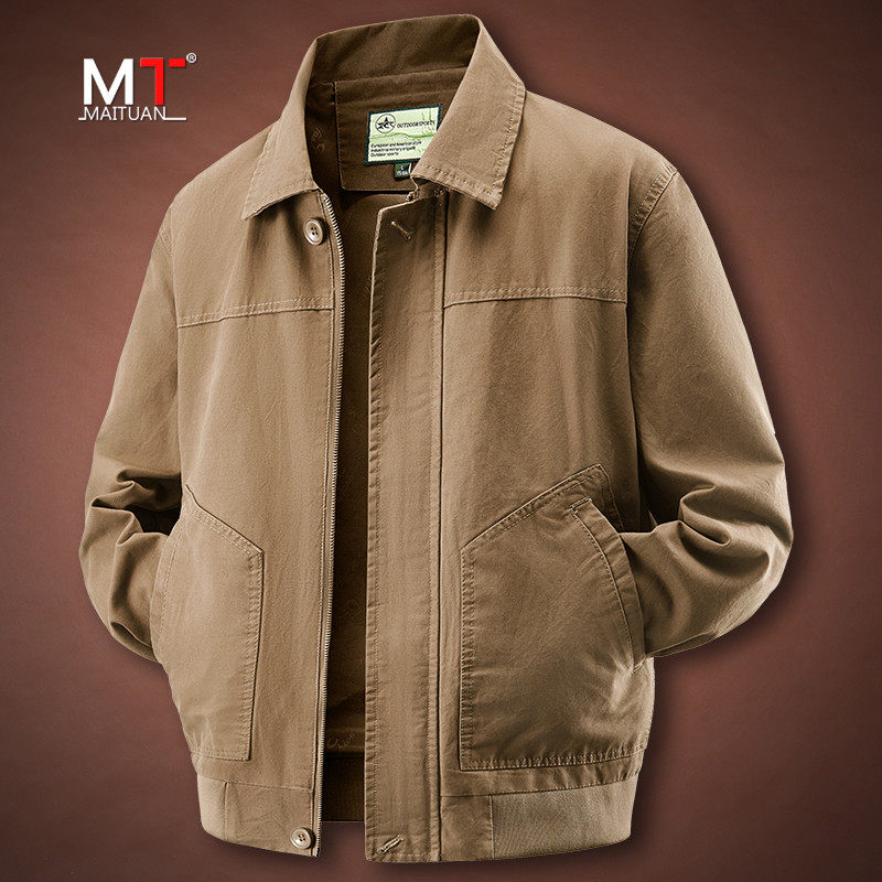 高端纯棉休闲夹克外套男士春秋冬2026新款大码翻领商务爸爸装男款