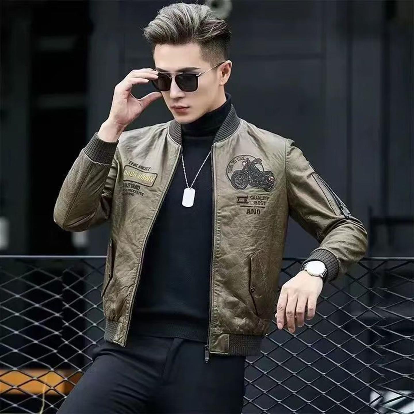 香港秋冬新款时尚刺绣棒球领真皮皮衣外套男士潮立领机车服夹克潮