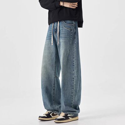 it neith BIAS春季弯刀牛仔裤男士潮牌宽松直筒水洗阔腿休闲长裤