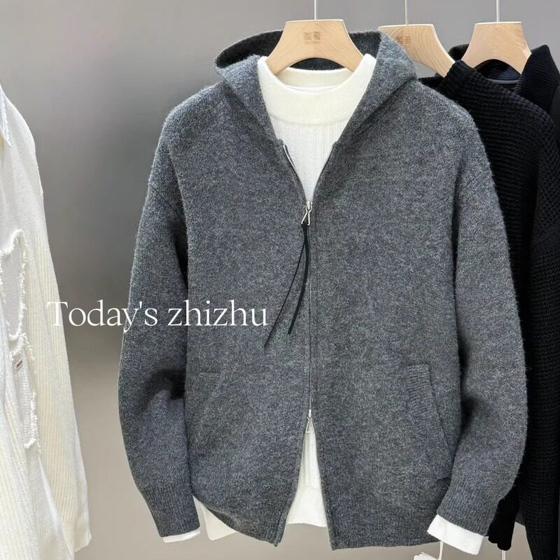 it neith BIAS秋冬高级感加厚连帽针织开衫男日系双拉链毛衣外套