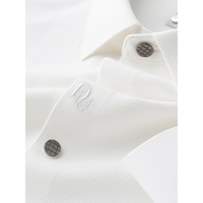 轻奢级华夫格英伦白色商务长袖衬衫男修身免烫抗皱短袖刺绣寸衫男