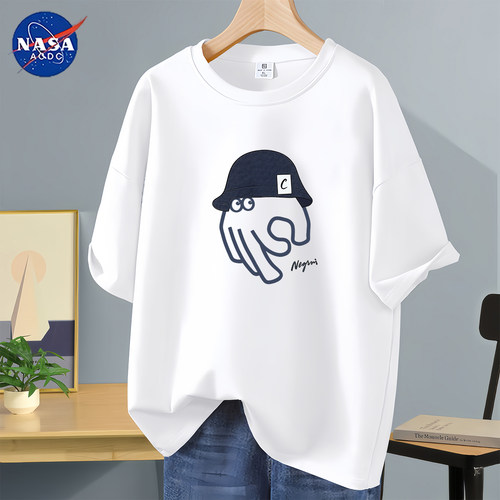 NASA联名男款短袖t恤2026新款夏季纯棉白色宽松青少年帽子上衣服T